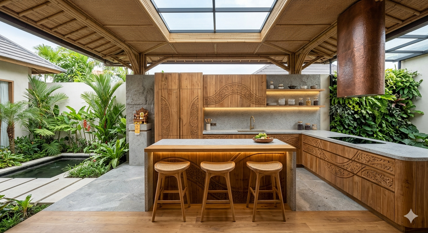 Desain Kitchen Set di Bali bergeser ke arah keseimbangan cerdas antara alam dan fungsi. Dapur terbaik adalah dapur yang hangat & fungsional.