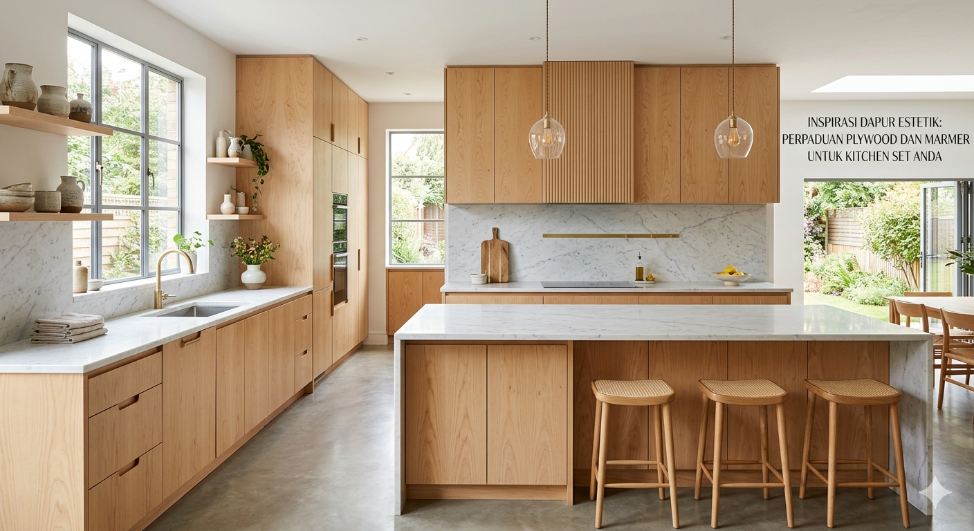 Inspirasi Dapur Estetik Perpaduan Material Plywood dan Marmer untuk Kitchen Set Anda